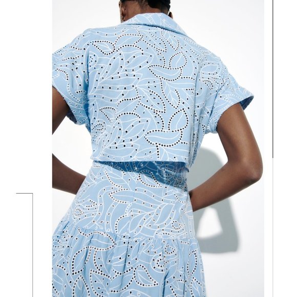 GUC - ZARA EMBROIDERED EYELET SHIRT DRESS CUTWORK EMBROIDERY BLUE WHITE M - Picture 10 of 16